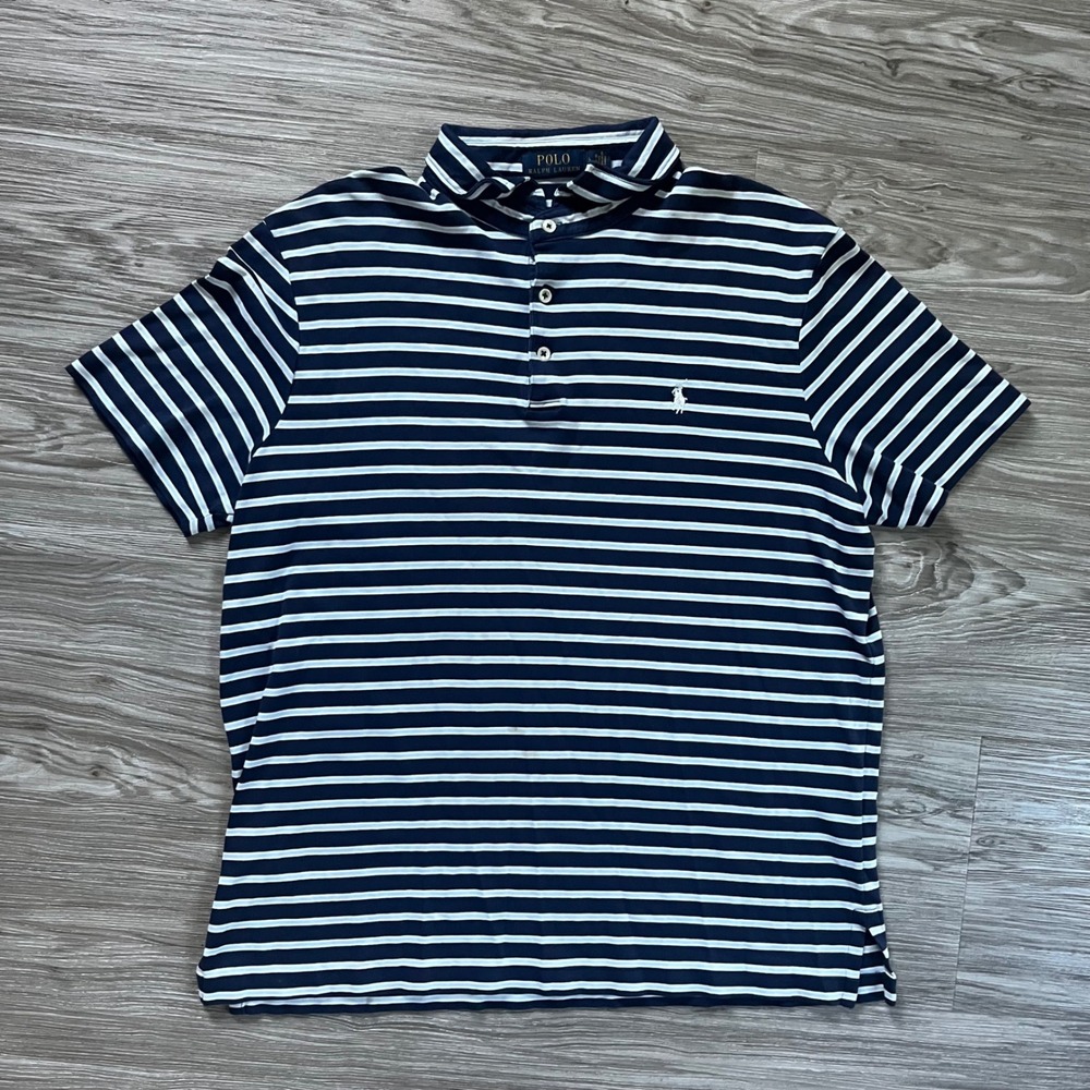 Polo Ralph Lauren Mens Large Navy Blue Striped Short Sleeve Cotton Polo Shirt